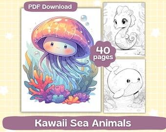 Kawaii Sea Animals Coloring Pages | Digital Download | Adult Coloring Book | Cute Marine Animals | Printable