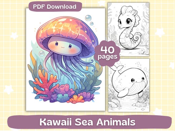 Kawaii Sea Animals Coloring Pages | Digital Download | Adult Coloring Book | Cute Marine Animals | Printable