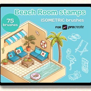 Procreate isometriska stämplar | Penselpaket för strandrum | 75 handritade Procreate-penslar | Isometriskt sommarrum | Tropisk konst | Digital nedladdning