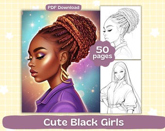 Cute Black Girls Coloring Pages | Digital Download | Adult Coloring Book | Gorgeous Kawaii Girls Coloring | Printable Sheets