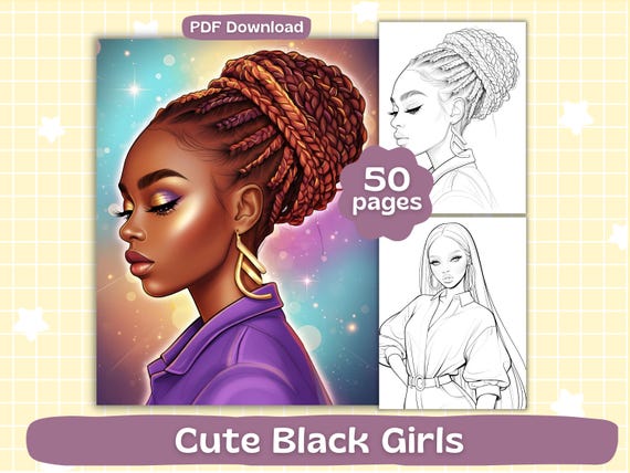 Cute Black Girls Coloring Pages | Digital Download | Adult Coloring Book | Gorgeous Kawaii Girls Coloring | Printable Sheets