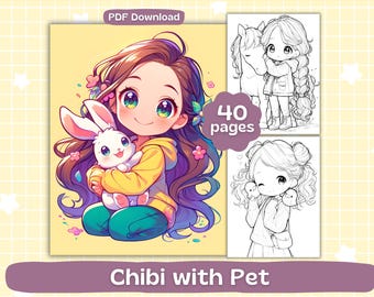 以下が含まれることがあります： ペットとちびキャラクターの塗り絵40ページ分を収録したデジタルブック。表紙には、黄色いパーカーを着て白いウサギを抱いたロングヘアのちびキャラクターのカラーイラストと、2つの白黒線画のサンプルが描かれています。