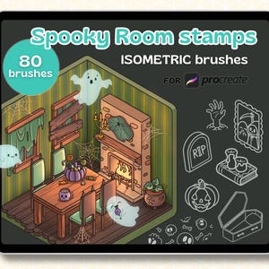 May include: Digital illustration of a tablet displaying "Spooky Room Stamps" and "Isometric Brushes" for Procreate. The image features a haunted room scene with a fireplace, table, and ghost figures. Additional Halloween-themed illustrations are shown.