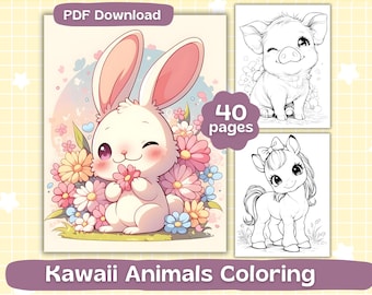 Kawaii Animals Coloring Pages | Farm animals | Woodland Animals | Adult Coloring Book | Cute Kawaii Coloring | Digital Download