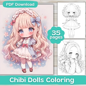35 ちび人形のぬり絵 | デジタル ダウンロード | 大人のぬり絵 | かわいい女の子のぬり絵 | 印刷可能