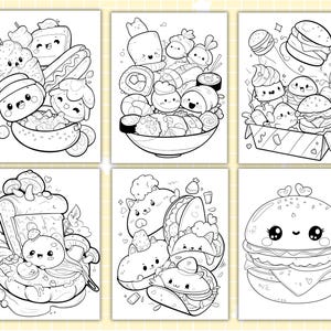 Puede incluir: Ilustraciones en blanco y negro de varios alimentos con caras lindas de dibujos animados. Las im&aacute;genes incluyen sushi, hamburguesas, perritos calientes y postres. Los dibujos son adecuados para libros para colorear o dise&ntilde;os tem&aacute;ticos de comida.