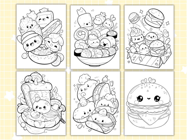 Puede incluir: Ilustraciones en blanco y negro de varios alimentos con caras lindas de dibujos animados. Las im&aacute;genes incluyen sushi, hamburguesas, perritos calientes y postres. Los dibujos son adecuados para libros para colorear o dise&ntilde;os tem&aacute;ticos de comida.