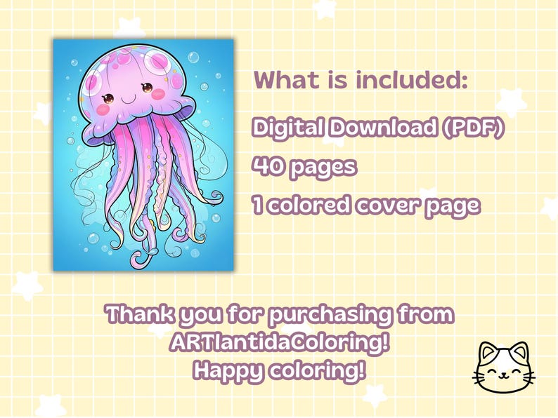 May include: A digital download colouring book featuring a cartoon jellyfish in pink and purple hues against a blue backdrop. The image includes the text "What is included: Digital Download (PDF), 40 pages, 1 coloured cover page."