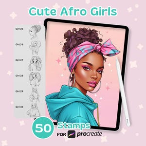 May include: Digital art set featuring a stylish Black woman with pink makeup and a blue hoodie, wearing a pink and blue headscarf. The image is on a tablet with a stylus, and includes the text "Cute Afro Girls" and "50 Stamps for Procreate."