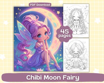Pode incluir: Um download digital com uma ilustração de Chibi Moon Fairy. A imagem mostra uma fada de cabelo roxo com grandes olhos azuis, sentada em uma lua crescente. Inclui 45 páginas para colorir. O texto diz "PDF Download" e "Chibi Moon Fairy".