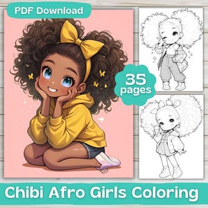 35 ちび黒人少女ぬりえ | デジタルダウンロード | 大人と子供のぬりえ | かわいい女の子のぬりえ | 印刷可能