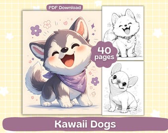 Kawaii Dogs Coloring Pages | Digital Download | Adult Coloring Book | Cute Kawaii Animals Coloring | Printable