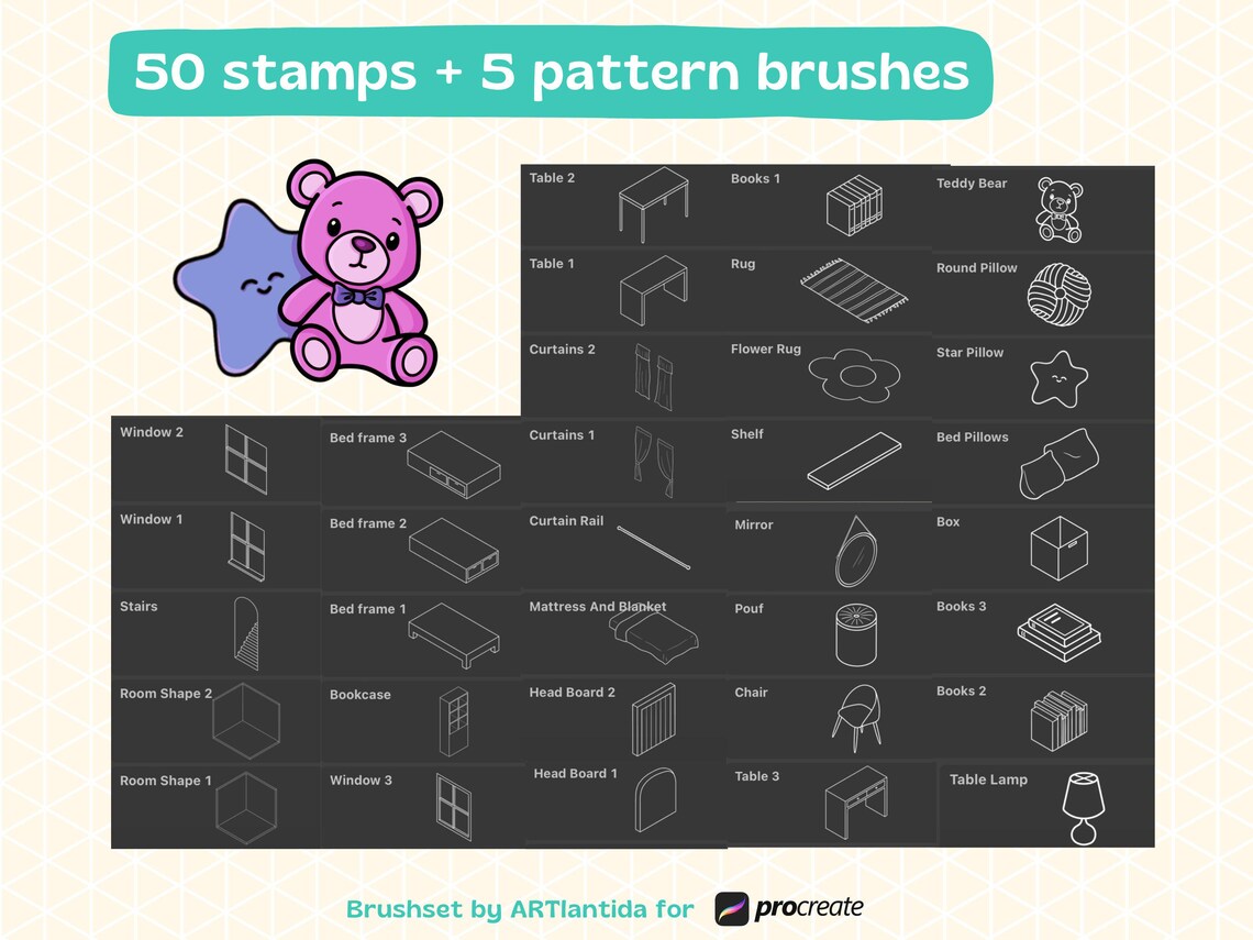 Procreate Isometric Stamps | Cute Bedroom Brush Pack | 55 Hand Drawn ...
