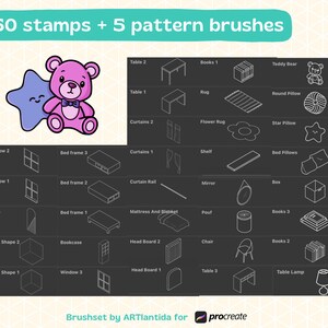 Procreate Isometric Stamps | Cute Bedroom Brush Pack | 55 Hand Drawn ...