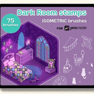 May include: A digital illustration of a dark room with a bed, a dresser, a window, and a teddy bear. The room is decorated with stars and other celestial objects. The illustration is in an isometric style and is labelled "Dark Room stamps ISOMETRIC brushes FOR procreate 75 brushes".