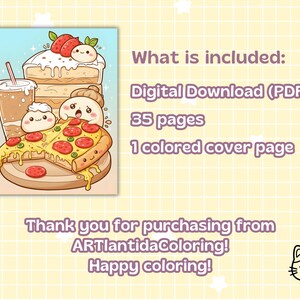 Puede incluir: Una p&aacute;gina para colorear de descarga digital con ilustraciones de comida de dibujos animados, incluyendo pizza, pastel y una bebida de caf&eacute;. La imagen incluye el texto "What is included: Digital Download (PDF) 35 pages 1 colored cover page".