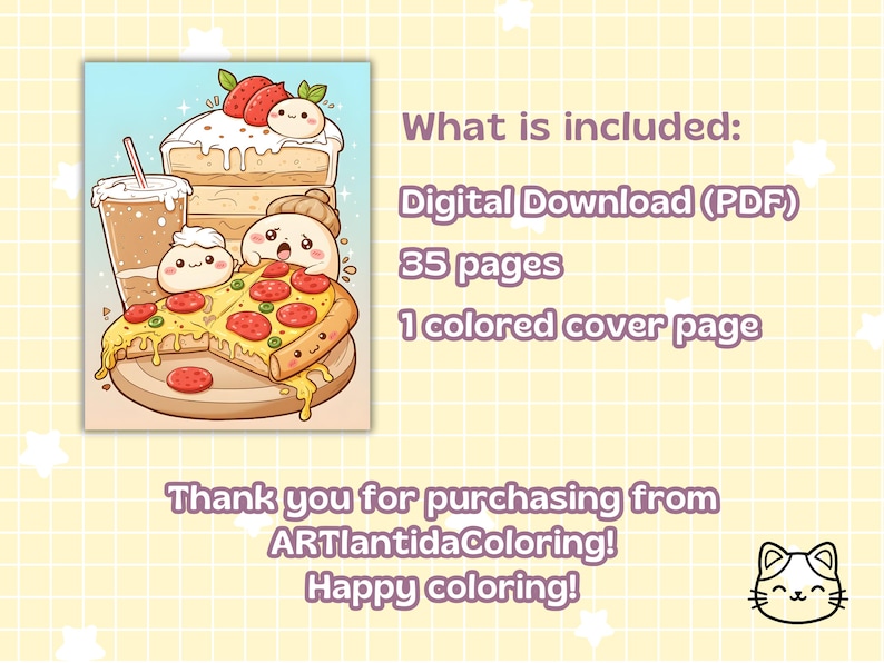Puede incluir: Una p&aacute;gina para colorear de descarga digital con ilustraciones de comida de dibujos animados, incluyendo pizza, pastel y una bebida de caf&eacute;. La imagen incluye el texto "What is included: Digital Download (PDF) 35 pages 1 colored cover page".