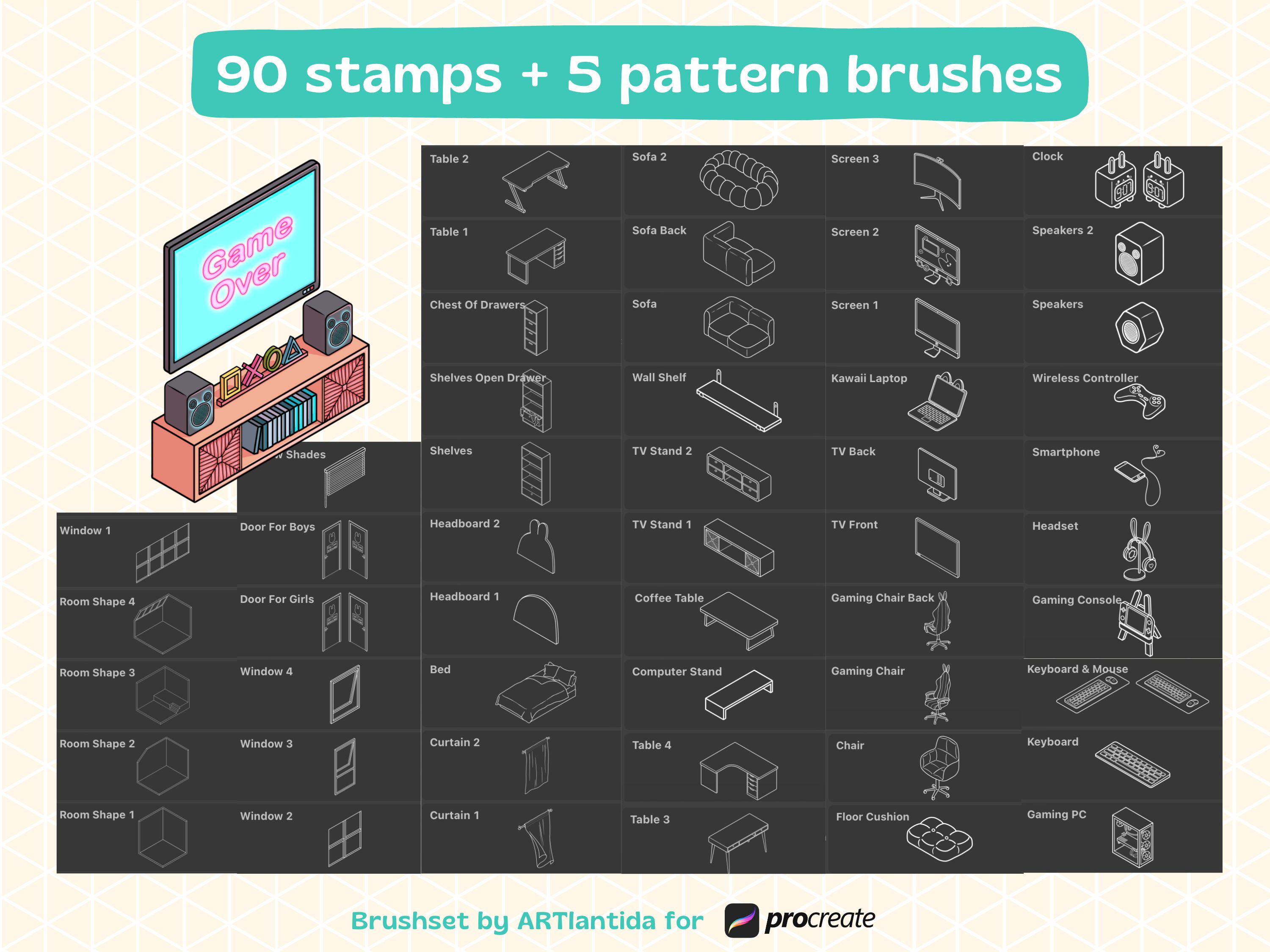 Procreate Isometric Stamps | Gamer Room Brush Pack | 95 Hand Drawn ...