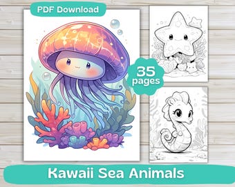 Kawaii Sea Animals | 35 Coloring Pages | Digital Download | Adult Coloring Book | Cute Kawaii Coloring | Printable