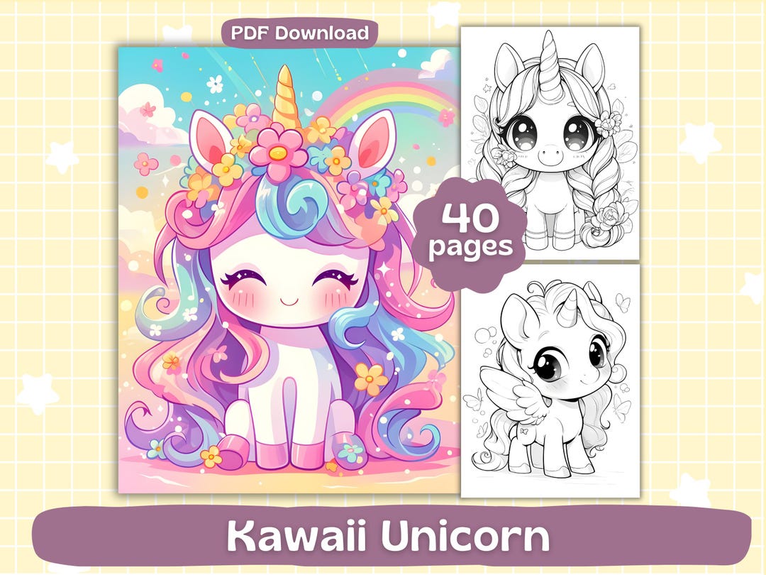 Kawaii Unicorn Coloring Pages | Digital Download | Kids Coloring Book ...