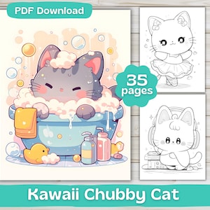 Kawaii Mollige Katzen | 35 Malvorlagen | Digitaler Download | Malbuch für Erwachsene | Niedliche Kawaii Tiere Färbung | Druckbar