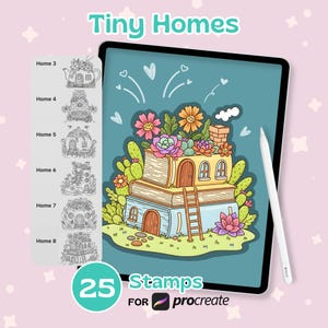 May include: A digital art illustration of a whimsical tiny home design. The image features a tablet with a colorful drawing of a house made of books, flowers, and a ladder. The text "Tiny Homes" and "25 Stamps for Procreate" are also visible.