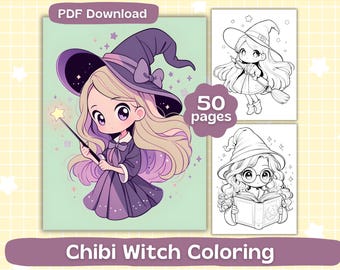 Chibi Witch Coloring Pages | Adult Coloring Book | Cute Kawaii girls Coloring | Kids Coloring Sheets | Digital Download
