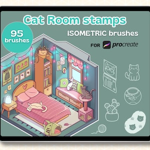 Isometrische stempels voortplanten | Borstelpakket kattenkamer | 95 handgetekende voortplantingsborstels | Isometrische kamerinterieurkunst | Digitale download