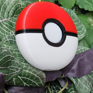 May include: A red and white Poké Ball with a black ring around the centre. The Poké Ball is attached to a yellow string.