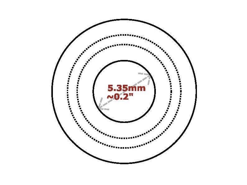 Peut inclure: Une illustration graphique en noir et blanc compos&eacute;e de trois cercles concentriques. Le cercle int&eacute;rieur contient le texte 5.35mm ~0.2", avec une fl&egrave;che &agrave; deux t&ecirc;tes indiquant le diam&egrave;tre du cercle central sur un fond blanc uni.