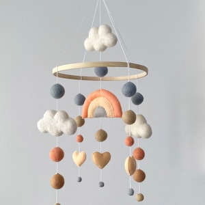 Rainbow Baby Mobile: Wool Felt Hearts, Clouds Nursery Decor