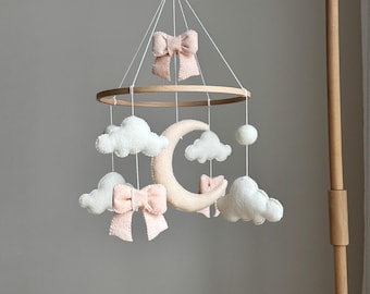 Bunny on the Moon Baby Mobile bow, Moon Baby Mobile with Bow, Neutral Nursery Decor, Cloud Crib Mobile, Rabbit Crib Mobile, Boho nursery