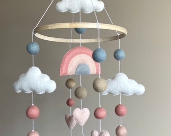 rainbow mobile/ mobile Bebe/ felt baby mobile Girl/ Pom Pom mobile/ Nursery Mobile/ cloud mobile/ rainbow Crib mobile girl/ newborn gift