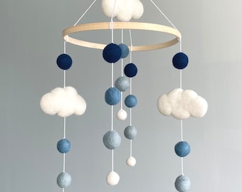 Blue Baby Mobile boy/ Nursery Mobile/ crib mobile boy/ cloud mobile/ crib decoration/ felt ball mobile/ Pom Pom mobile/ baby shower gift