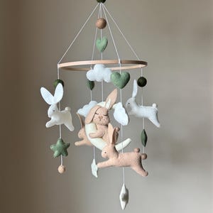 Bunny Baby Mobile/ Woodland Nursery Decor/ Felt Crib Mobile/ bunny mobile/ woodland baby mobile/ felt Baby Mobile/ jumping bunny mobile