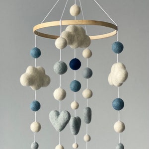 Felt Ball Baby Mobile: Hearts, Clouds, Pom Poms Nursery Decor