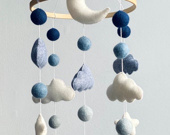 cloud mobile/ Baby Mobile girl/ blue baby mobile boy/ Pom Pom mobile/ cloud nursery mobile/ crib mobile/ felt ball mobile/ woodland mobile