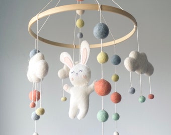 Bunny mobile/ Baby Mobile/ Woodland Nursery Mobile/ Handmade mobile/Baby Gift/ Pom Pom mobile/ Crib mobile/ rainbow mobile/ felt ball mobile