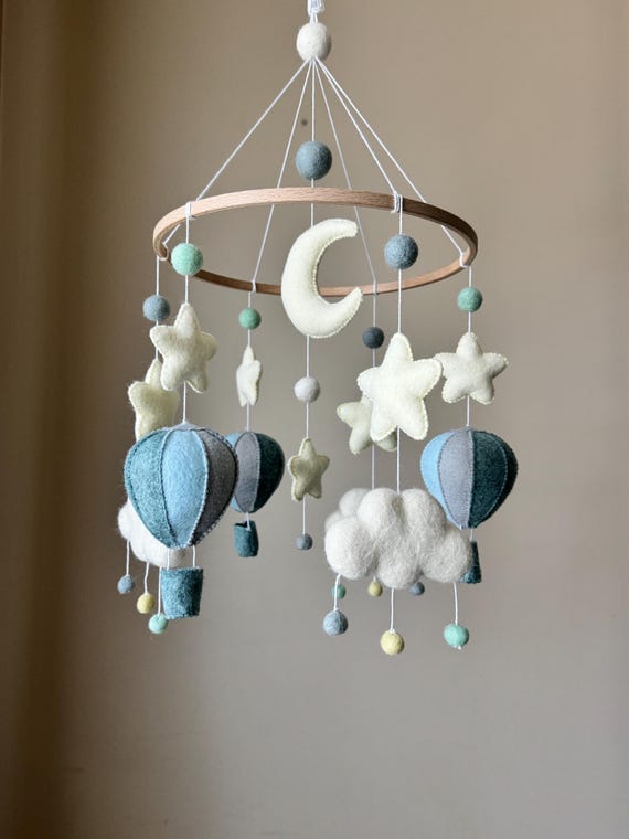 Felt Hot Air Balloon Baby Mobile: Mint Cloud Nursery Decor