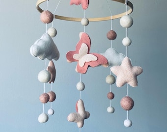Butterfly Baby Mobile, Butterfly Crib Mobile, Cloud Mobile, Baby Girl Nursery Decor, Felt Ball Mobile, Pink Nursery Mobile, Baby Shower Gift
