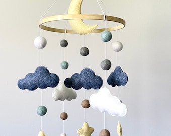 Cloud baby Mobile, neutral baby mobile, Moon and Stars Baby Mobile, Baby Boy Nursery Decor, cloud mobile, boho mobile, Baby Shower Gift