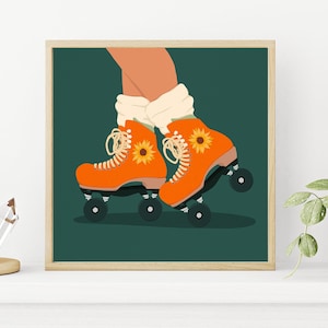 Retro 1970s Roller Skating Roller Girl Sunflower Feet 12" x 12" Art Print Vintage Roller Skates Moxi Skater Girl Roller Rink Skate Disco