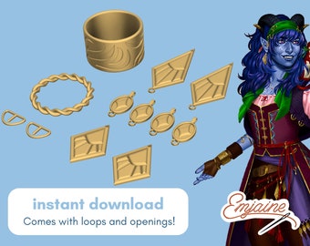 May include: A set of gold-colored 3D printed jewelry pieces, including a ring, a bracelet, a pair of earrings, and a pendant. The pieces are designed with a geometric pattern and have loops and openings for attaching to other jewelry.