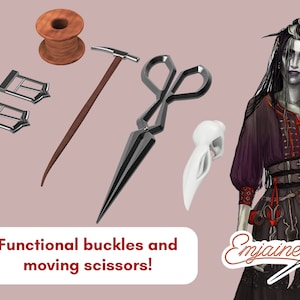 May include: A dark-haired woman with a white skull and a pair of black scissors. The woman is wearing a dark purple and red shirt with a black belt. The woman is also wearing a black skirt. The image also includes a spool of thread, two silver buckles, and a wooden tool.