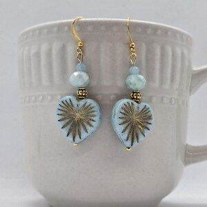 Czech Glass Blue Heart Earrings