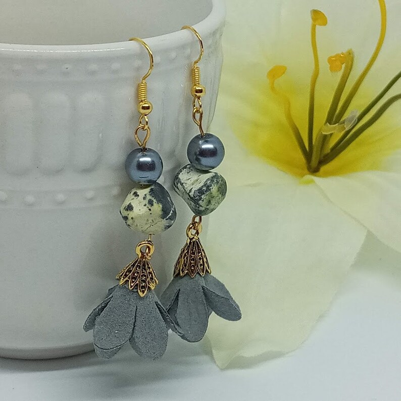 Floral Tassel Earrings, Grey Floral Tassel Earring, Yellow Jade Stone ...
