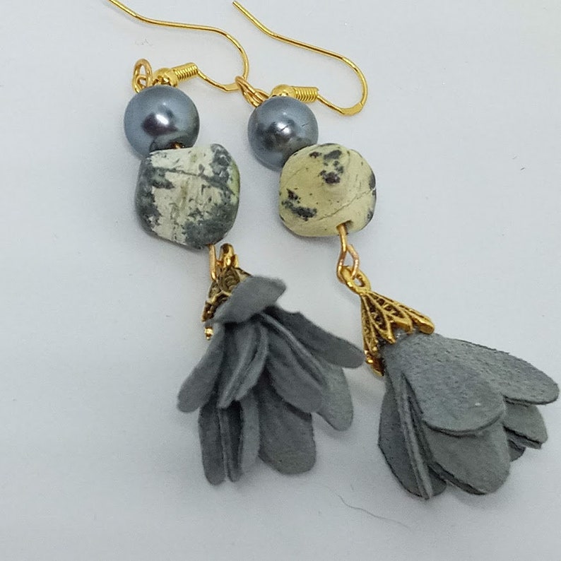 Floral Tassel Earrings, Grey Floral Tassel Earring, Yellow Jade Stone ...
