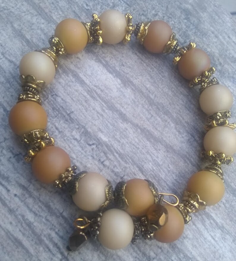 Beaded Bracelet antique gold bracelet tan and beige wood bracelet