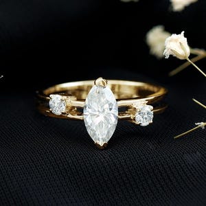 Marquise Moissanite Engagement Ring: 14K Gold Three Stone Double Band