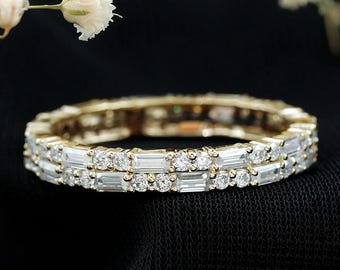 Moissanite Diamond Wedding Band: Round & Baguette Cut, Sterling Silver or Gold